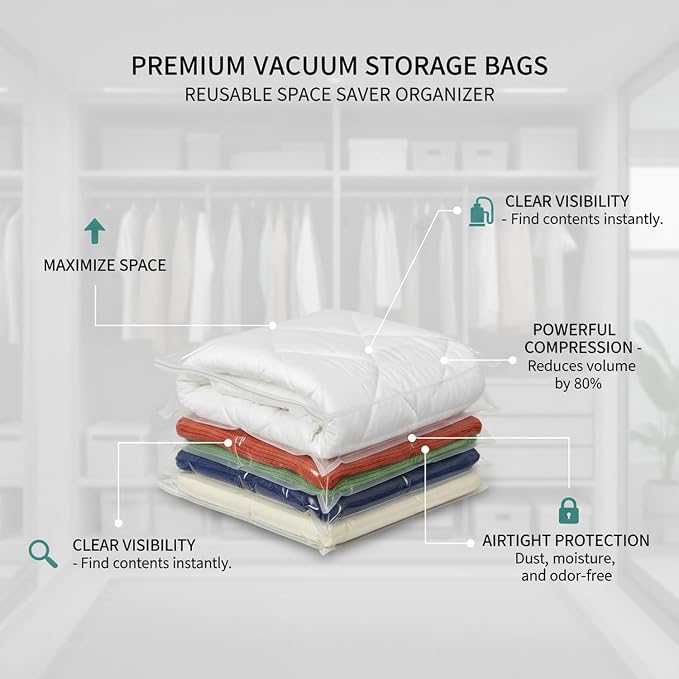 Clear Vacuum Storage Bags with Valve, Reusable Compression Saver for Bedding & Clothes, Space Saving Organizer (1 Pack)