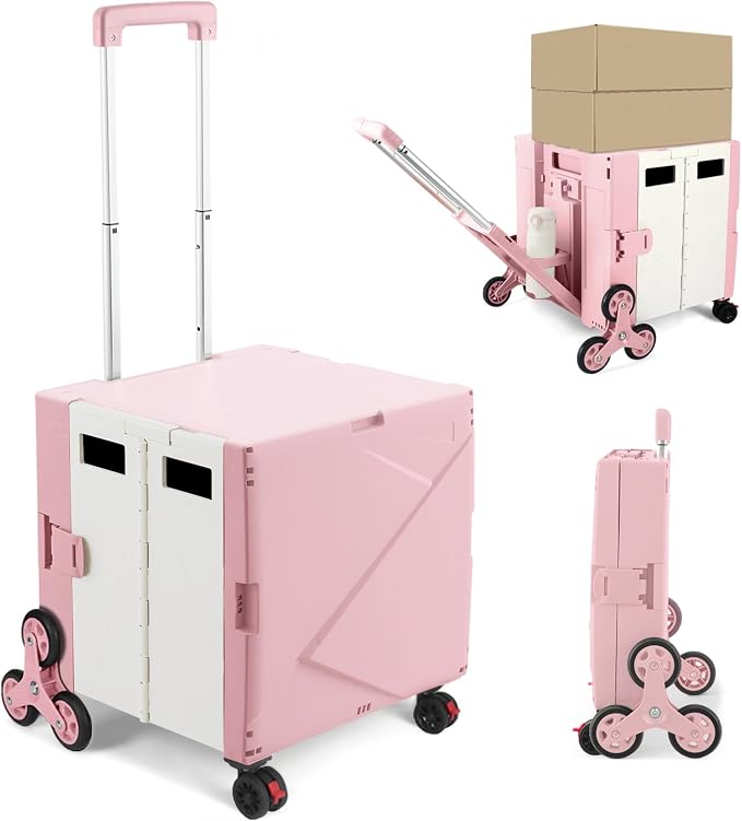 76L Folding Utility Cart Portable Rolling Crate Handcart Shopping Collapsible Tool Box with Stair Climbing Wheels,Hidden Lid,2 Rotate Wheels,for Grocery,Shopping,Office,Storage(Pink-White)