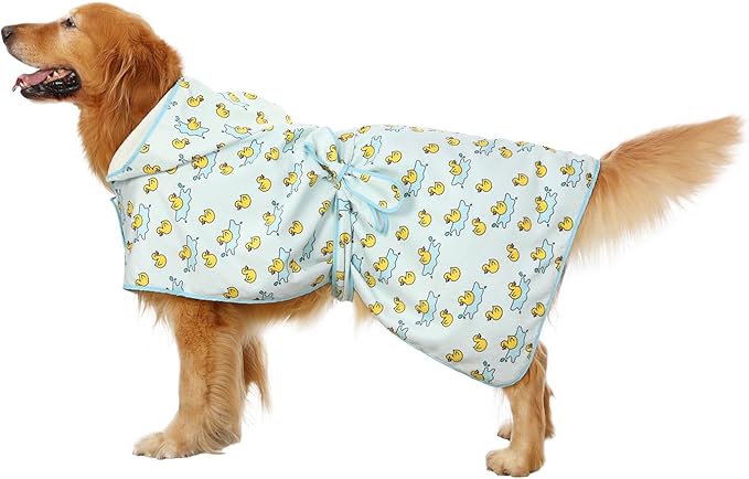 HDE Dog Bathrobe Super Absorbent Quick Drying Puppy Towel Wrap Coat Adjustable After Bath Robes with Hood for Dog Sizes S-XXL Rubber Duck Puddles XL