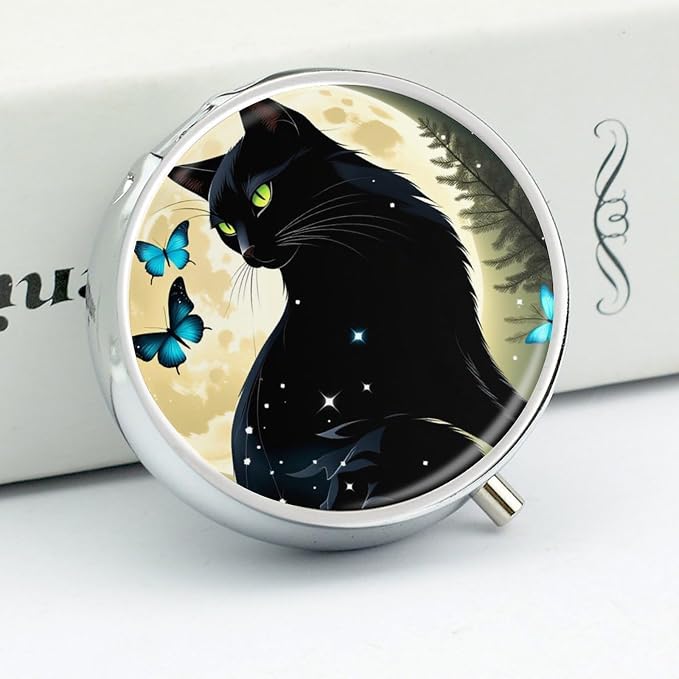 Black Cat and Butterfly Metal Round Pill Box, 3 Compartment Travel Organizer, Portable Pill Container with Secure Latch, 2 Inch Circular Vitamin Caddy for Pills and Vitamins, Gift for Him Her Elderly