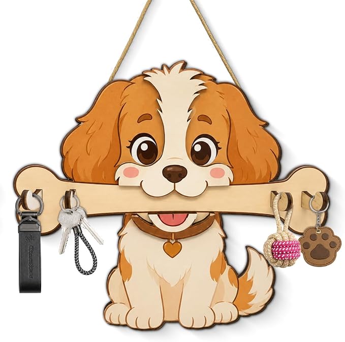 Dog Leash Holder for Wall, Cute Dog Leash and Key Organizer, Cute Puppy Wooden Key Holder Wall Mount with 4 Keys Hooks for Collars, Entryway Garage Living Room Kitchen Mudroom