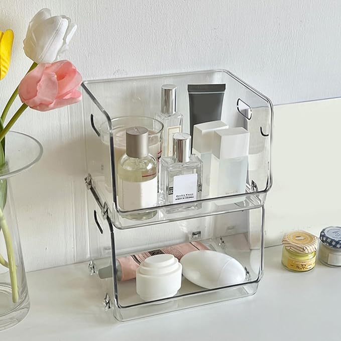 SHINEOFI Stackable Desktop Storage Box with Handles 2Pcs Small PET | Dresser Desktop Use, Multipurpose Organizer for Books and Food, Easy to Clean, Compact Tabletop Set