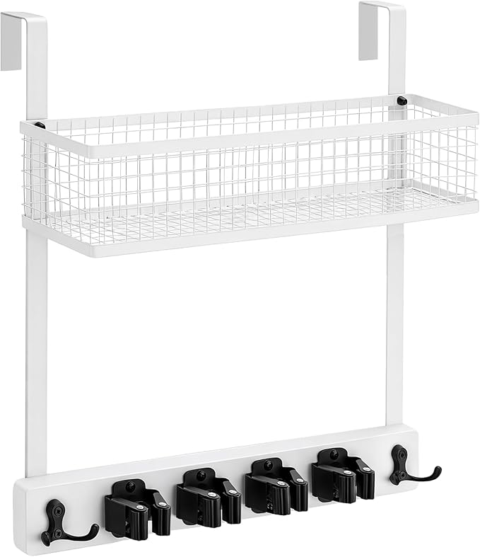 Lorbro Over the Door Broom and Mop Holder with Basket, 4 Grips and 4 Hooks | No-Drill Door Mount, Cleaning Supply Organizer, Wood and Metal Build, Secure Grip Slots, Laundry Garage Closet Use