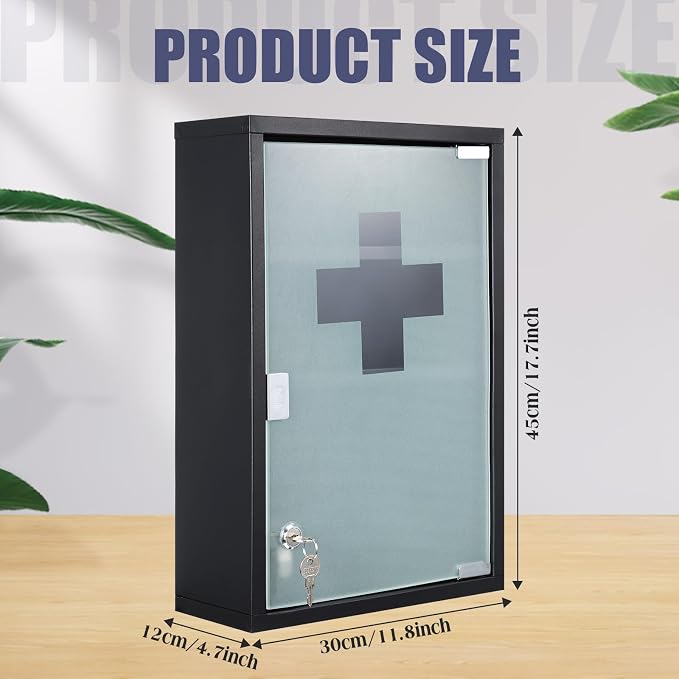 Timgle First Aid Wall Cabinet with Lock Medicine Wall Mounted Bathroom Storage Hanging Medical Cabinet with Safety Glass Door for Bathroom(3 Shelves,Black)