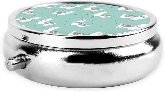 Travel Medicine Box, Llama Animal Cartoon Round Small Organizer, Metal Pill Case for Fish Oil, Portable Dispenser Purse Pocket for Commuters