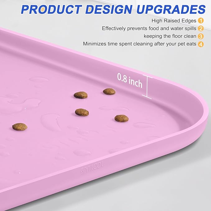 SMILOOL Silicone Pet Feeding Mat with Raised Edge for Food and Water, Dog Bowl Mats, Cat Bowls Placemat with High Lip for Floor Waterproof, Rubber Tray for Cats and Dogs 22 x 14 x0.8 Light Pink