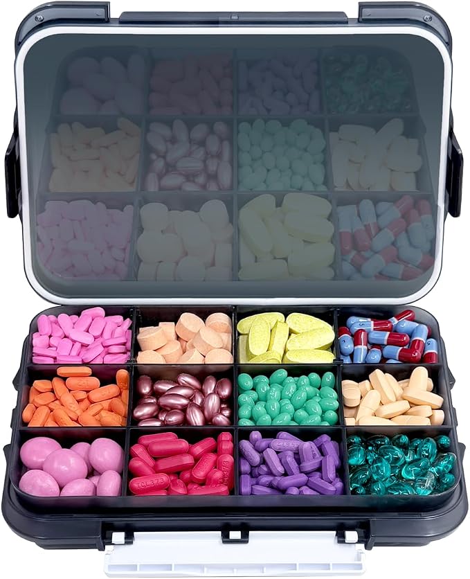 Extra Large Pill Organizer (12 Compartments) – Airtight Waterproof Travel Pill Case – Holds Large Vitamins & Daily Medications – Medication Map & Secure Lock Design (Black, 1 Pack)