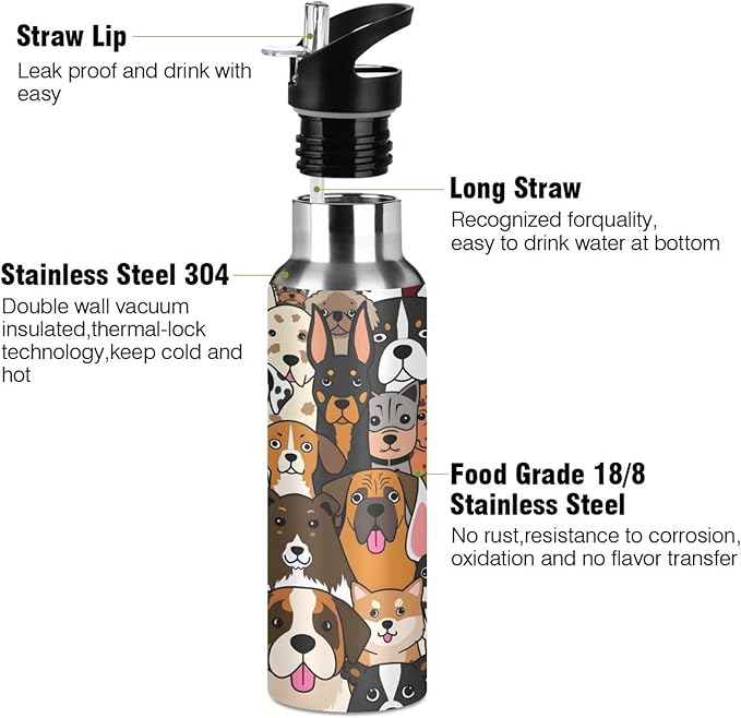 Cute Dog Animal Water Bottle with Straw Lid Kids Insulated Stainless Steel Water Flask Sports, 20 Oz Hot Cold