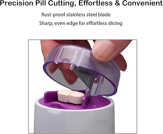 3-in-1 Pill Crusher and Cutter with Storage, BPA-Free Pill Grinder for Fine Powder, Stainless Steel Blade & Grinding Head, Portable Pill Splitter for Elderly, Pets, Travel(Purple)