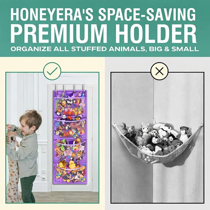 Honeyera Plush Storage (Patent Pending) - Plush Hammock Net Over Door Organizer for Stuffies, Baby Accessories, Toy/Hammock Hanging Storage Big Girls Toddler Large Bag Animals (Purple)