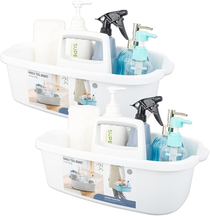Large Cleaning Supplies Caddy Portable Shower Caddy Basket White 2 Pack | Sturdy Supply Organizer with Handle Plastic Bucket Tool Storage for Bathroom Bedroom Kitchen Garden College Dorm Essentials