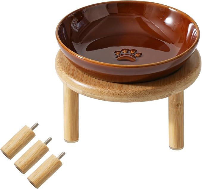 Havniva Elevated Cat Bowls, Ceramic Cat Bowl with Bamboo Stand Wide Opening | 5.7” Raised Cat Food Bowls, Whisker Friendly Cat Dish, Anti-Slip Cat Water Bowls, Shallow Cat Bowls, Cat Food & Water Bowl