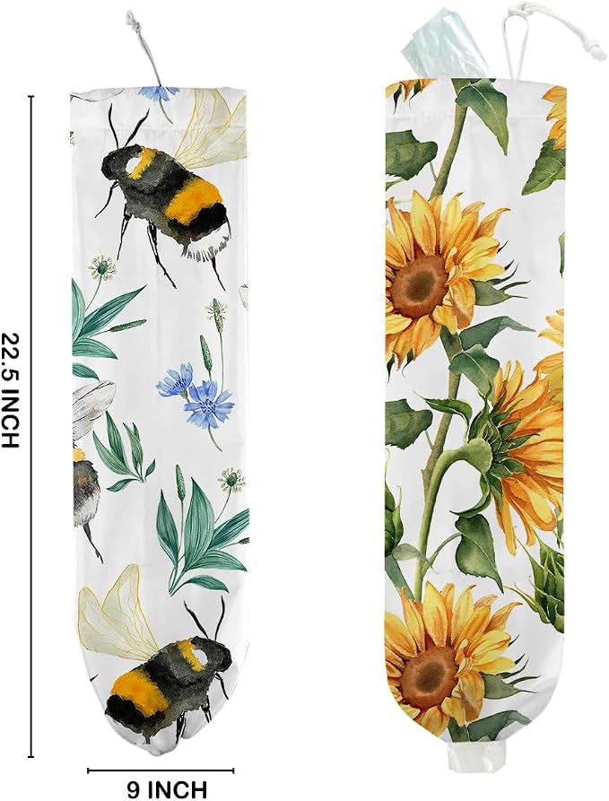 2Pcs Bee Plastic Bag Holder, Wall Mount Grocery Bag Holder for Plastic Bags, Sunflower Reusable Grocery Bags Storage Dispenser for Home Kitchen Pantry Decor, Sunflower Gifts for Women Mom