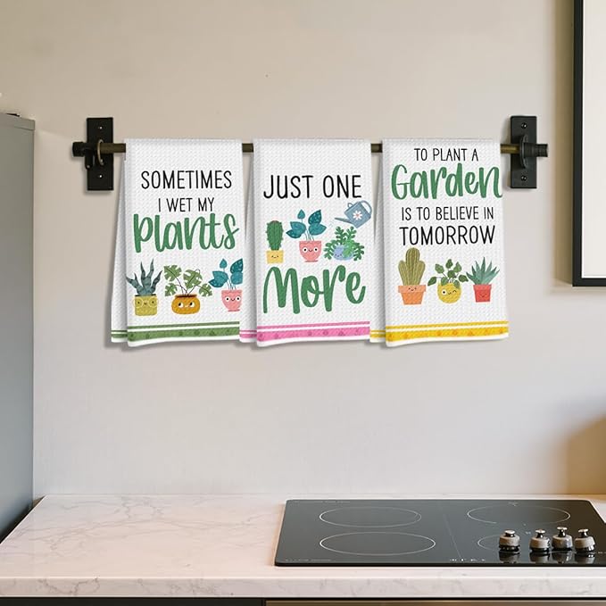 3 Pcs Funny Kitchen Plants Dish Towel 24x14 Inch, Plant Cactus Waffle Weave Hand Dish Towels Tea Towel for Kitchen Home Bathroom Farmhouse Decor, Plants Gifts for Women Mom Friend