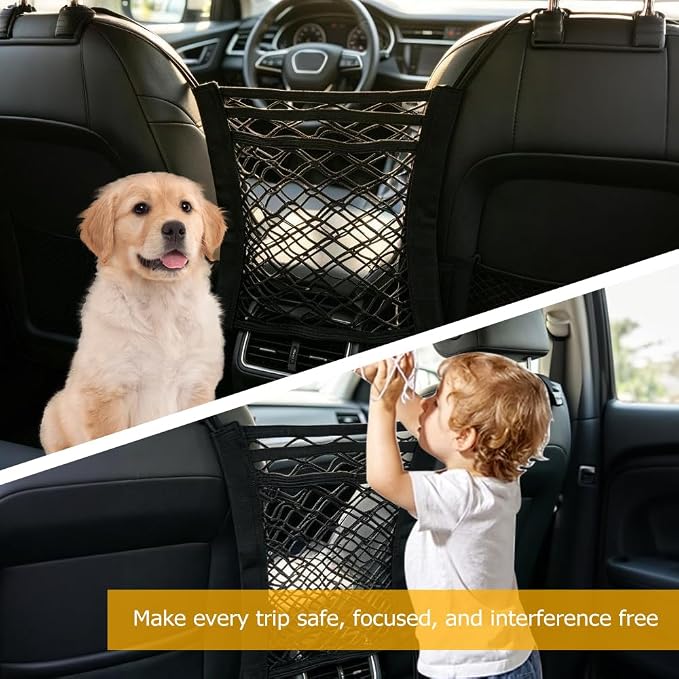 Dog Car Net Barrier, Pet Safety Divider with Mesh Organizer for Kids, Elastic Seat Back Storage Pouch, Universal Fit Vehicle Cargo Netting for Cars SUVs, 2-Layer Stretchable Barrier