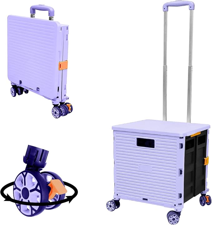 FELICON SELORSS Foldable Utility Cart Folding Portable Rolling Crate-Purple | Durable,Heavy Duty,Plastic Box,Telescoping Handle,4 Rotate Wheels,Collapsible Handcart for Travel Shop Move Luggage Office