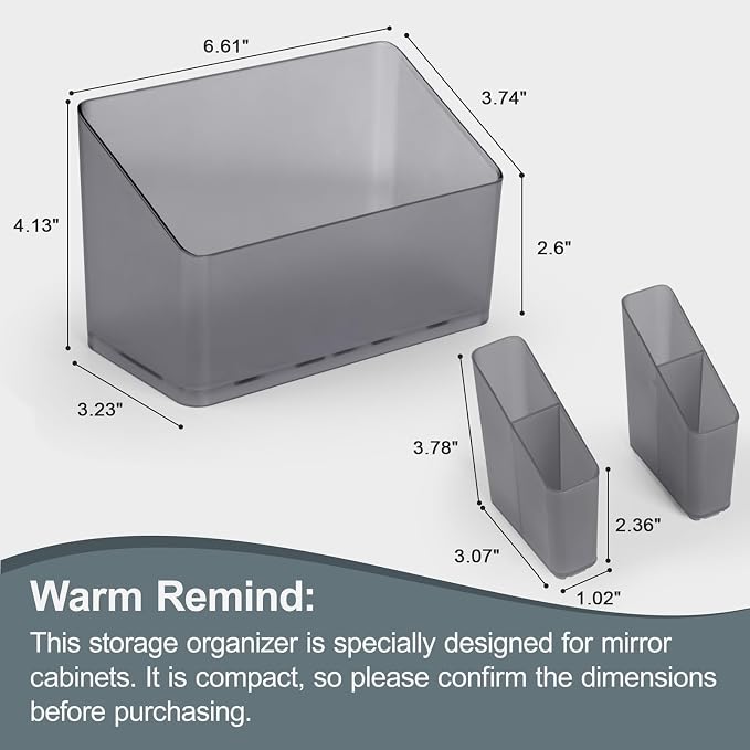 Medicine Cabinet Organizer, Durable Plastic Storage with 2 Small Removable Dividers, Specially Designed for Bathroom Medicine Cabinet, 6.6x4.1x3.2 inches, Matte Grey