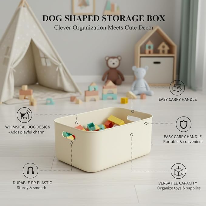 Dog Shaped Storage Bin with Lid and Handle, Decorative PP Plastic Organizer Box for Home, Office, and Craft Supplies