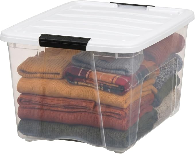 IRIS USA 40 Qt Storage Bins with Lids, 6 Pack, Clear/White | Versatile storage for clothing, linens, seasonal décor, closet organization, and shelving units.