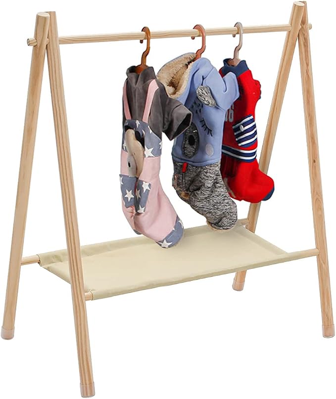 Garment Rack for Pets/Dolls/Baby, Hanger Rack, Dress up Storage, Clothes Organizer, Wooden (Beige, Large)