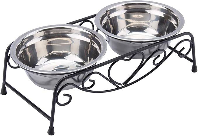 Dog & Cat Bowl Stand with 2 Stainless Steel Bowls, 3.4 Inch Fixed Height | Elevated Dog Bowls for Small Dogs and Cats, Removable Food and Water Bowl Set