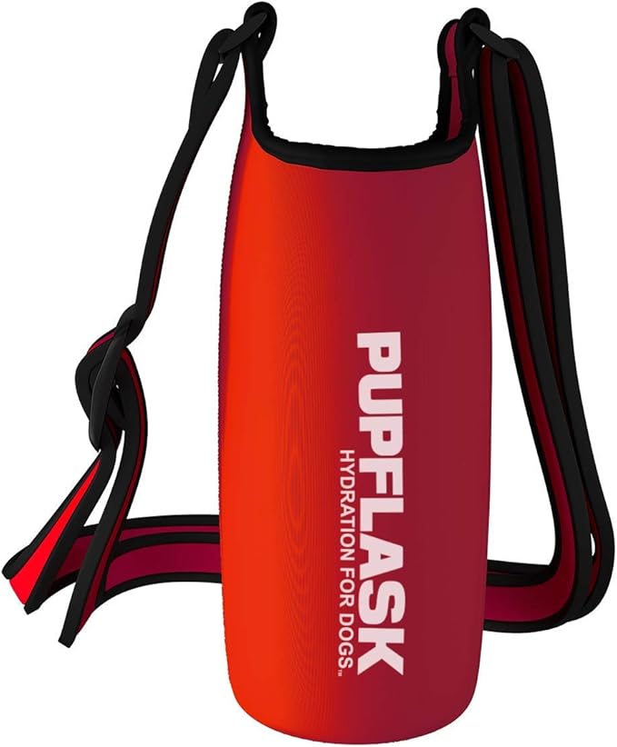 Tuff Pupper PupFlask Insulated Neoprene Dog Water Bottle Holder Sling with Wide Adjustable Shoulder Strap, Great for Travel, Walking, Hiking, Portable Pet Water Bottle Holder (40 OZ, Crimson Red)