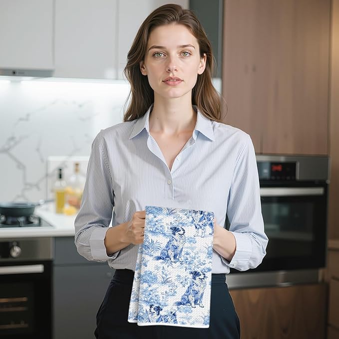 Chinoiserie Border Collie Kitchen Towels 24x14 Inch, Border Collie Gifts Reusable Dish Towels for Kitchen Decor, Blue and White Floral Waffle Weave Botanical Hand Towel, Funny Dog Gifts for Women Mom