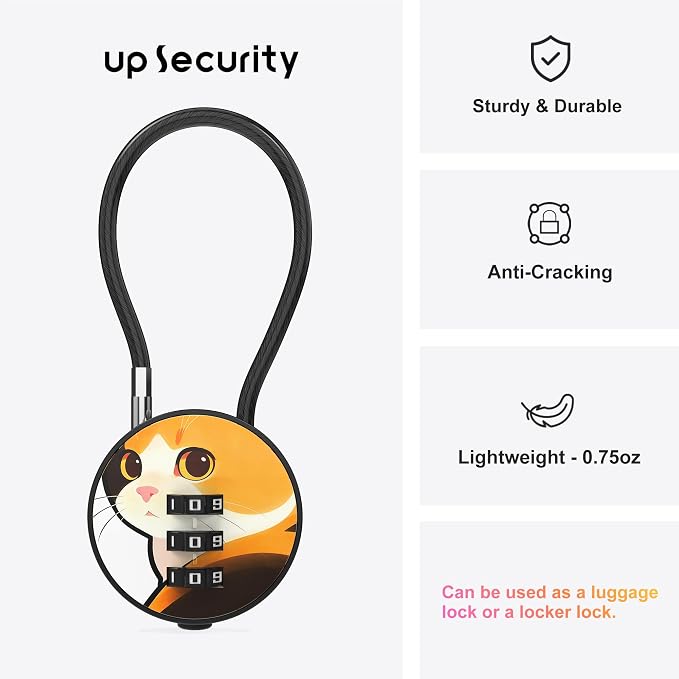 Small Combination Lock for Luggage, Gym Locker, Backpack Bag Zipper, Mini Combo Lock with Code, 5.12 Inch Steel Cable Padlock for Travel Suitcase (4-Cat, Cute)