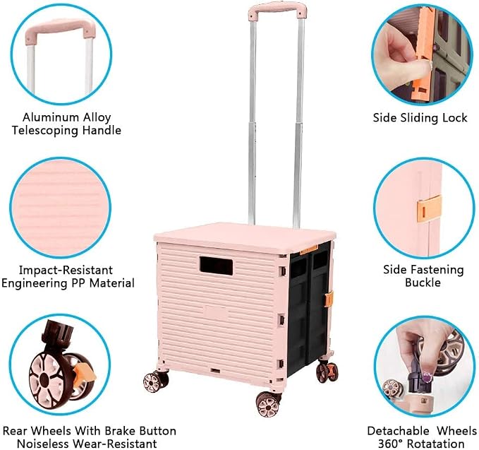 Foldable Utility Cart Portable Rolling Crate Handcart Shopping Trolley Collapsible 4 Rotate Wheels with Durable Heavy Duty Plastic Telescoping Handle for Travel Shopping Moving Storage Office Use