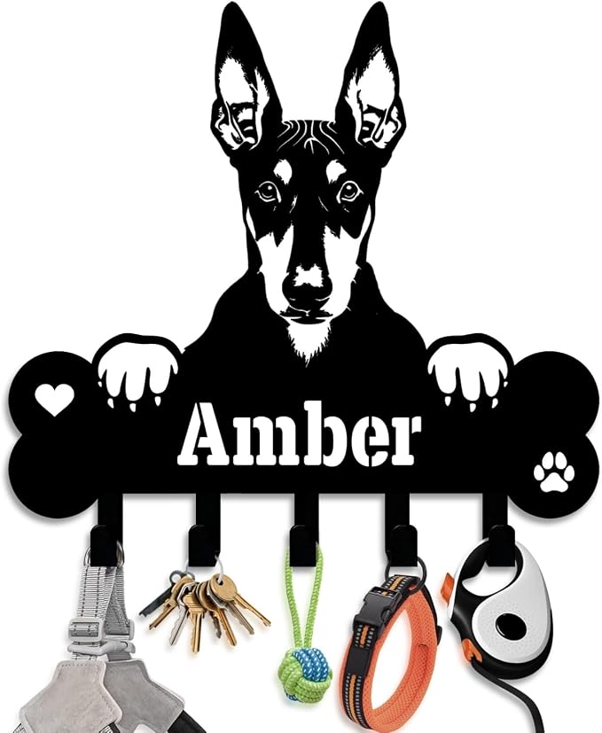 NIWAHO Dog Leash Holder Wall Mount Personalized Name - Custom Pharaoh Hound Metal Sign with Bone Key Hooks, Pet Leash and Key Organizer for Entryway