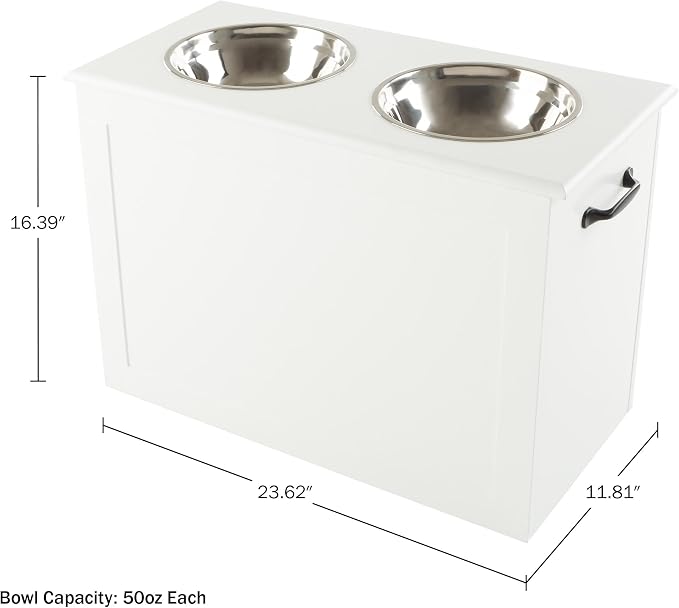 Elevated Dog Bowls with Storage - 16-Inch-Tall Feeding Tray with Hidden Storage Space for Pet Supplies - 50oz Capacity Bowls by PETMAKER (White)