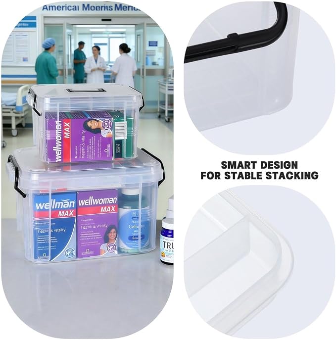 HEY FOLY Set of 2 Clear Medicine Organizer Storage Box with Tray, 15qt+5qt Plastic First Aid Box Empty, Thickened Medicine Container Chest, Multipurpose Medical Case with Labels, Clear Medicine Caddy