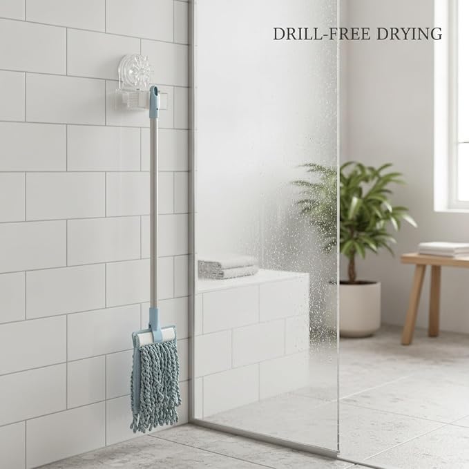 Clear Suction Cup Mop Holder, Drill-Free Wall Mount for Bathroom Tiles & Glass, Space-Saving Storage for Wet Mops and Brooms