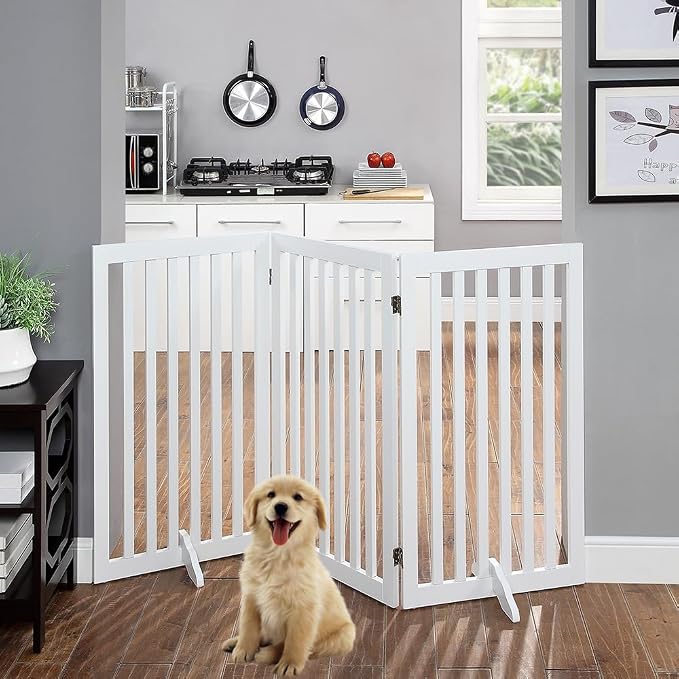 unipaws 36”H Free Standing Pet Gate for Dog, Tall Wooden Dog Gate, 60” Wide | Foldable Pet Fence for Doorway, Stairs, Step, Expandable Doggy Barrier, Room Divider, Indoor Use, White