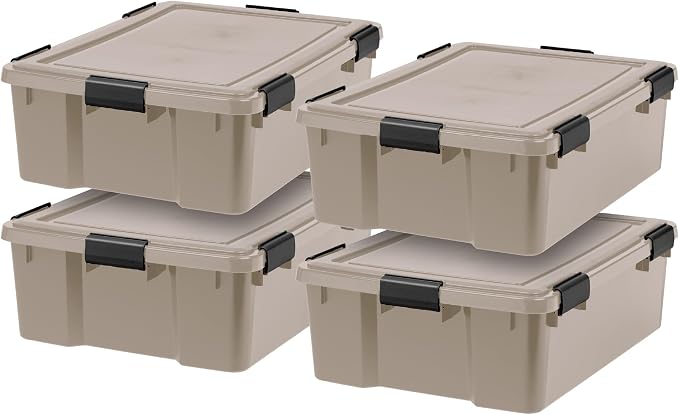 IRIS USA 4-Pack 41 Qt Storage Bins with Gasket Lids, Tan | WeatherPro seal helps protect bulky items for moving, garage, attic and basement storage