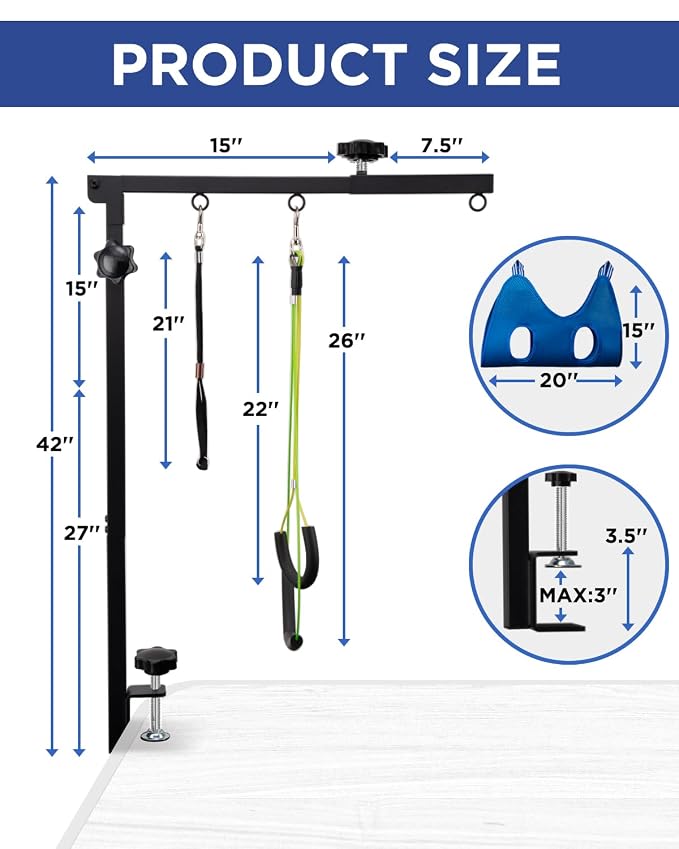 Extendable Dog Grooming Arm with Hammock, Adjustable Height 27"-42", Adjustable Widht 20"-23", Dog Grooming Table Arm with Clamp and No-Sit Holder, Heavy Duty for Small & Medium Dogs