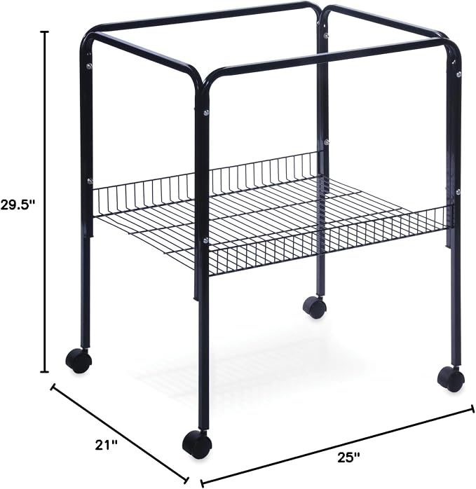 Prevue Pet Products Bird Cage Stand with Shelf - Small Metal Cage Stand with Rolling Wheels, Bird Stands for Inside, Mid‑Height Shelf for Cage Accessories, Toys, and Storage - Black