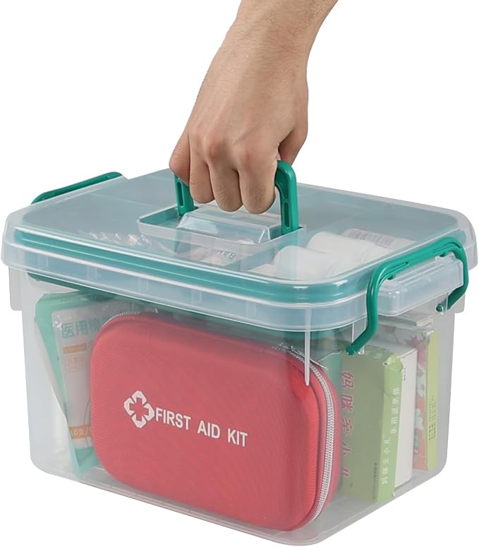 Plastic Medicine Storage Kit with Tray, First Aid Storage Box | Portable 1-Pack Household Med Organizer with Handles, Stackable Clear Household First Aid Organizer