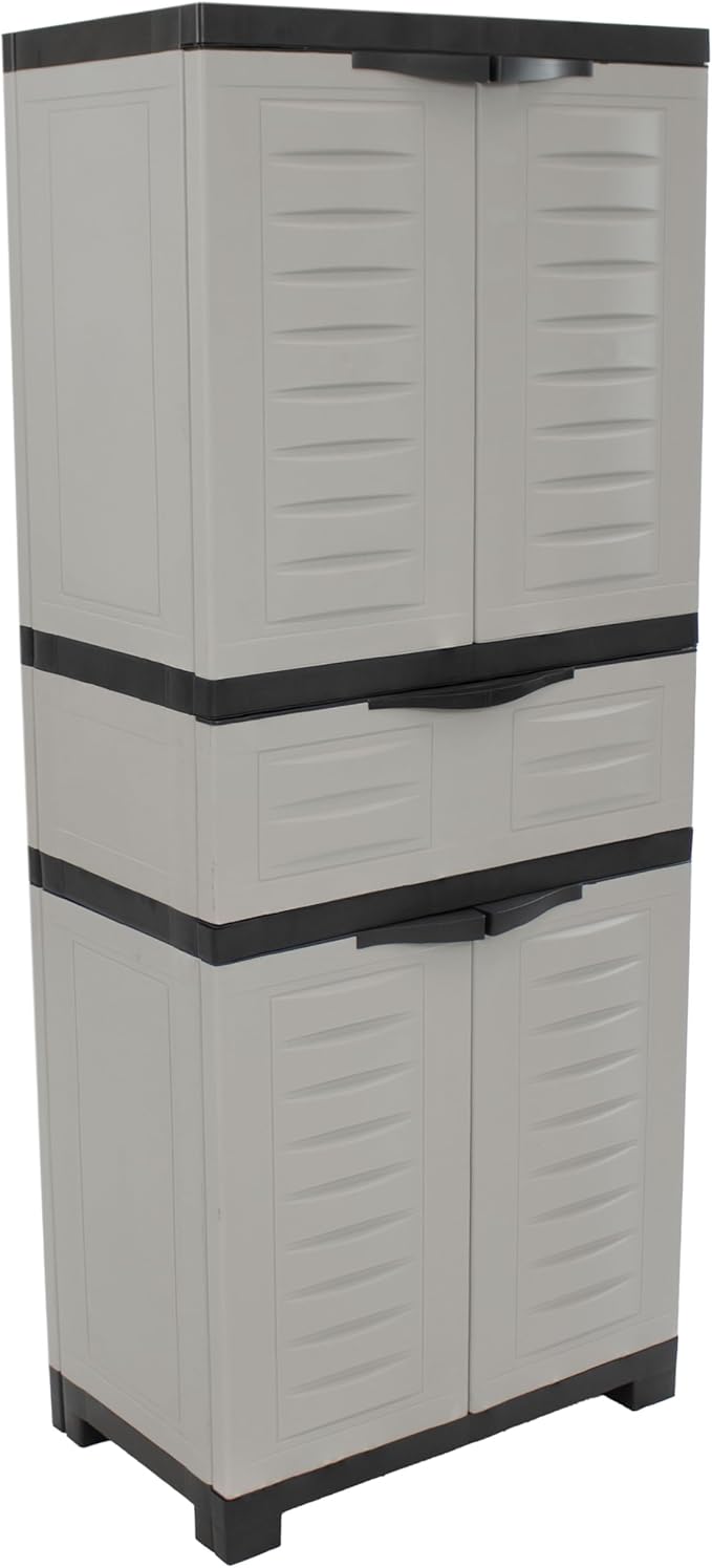 Sunnydaze 57" Garage Storage Cabinet with Doors & Shelves, Gray | Heavy Duty Resin Storage Cabinet Resists Rust & Peeling, Utility Cabinet with Drawer & Anti-Tip Kit for Laundry, Office