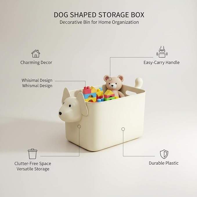 Dog Shaped Storage Bin with Lid and Handle, Decorative PP Plastic Organizer Box for Home, Office, and Craft Supplies