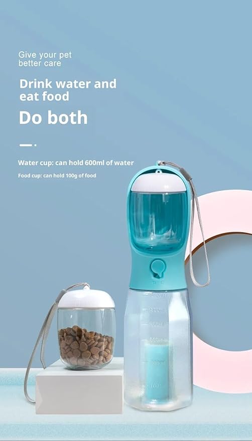 Three-in-one Portable Multi-Functional Pet Cup (Includes 1 Roll of Poop Bag) (Capacity 20 oz Water, 100 gm Food) (Milky White)