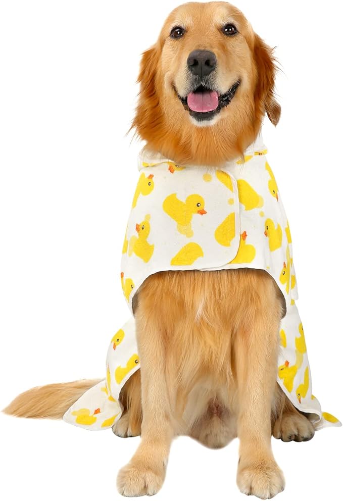 HDE Dog Bathrobe Super Absorbent Quick Drying Puppy Towel Wrap Coat Adjustable After Bath Robes with Hood for Dog Sizes S-XXL White Rubber Ducks L