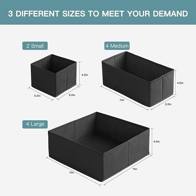 Drawer Organizer Clothes, 10 Pack Dresser Organizer for Baby Clothes, Underwear, Sock- Foldable Closet Organization and Storage Dividers Bins for Nursery, Bedroom (Black)