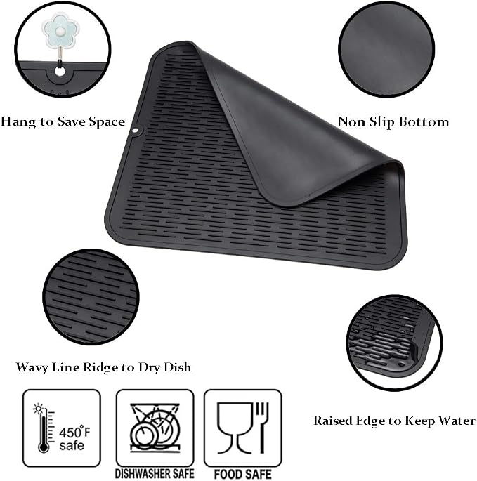 ZLR 2 Pcs Heavy-Duty Silicone Dish Drying Mat (16" x 18" / 401 x 455mm) - XL Family-Size Thick 5mm Drainboard for Pots, Pans & Heavy Cookware - Oversized Trivet & Counter Protector, Non-Slip (Black)