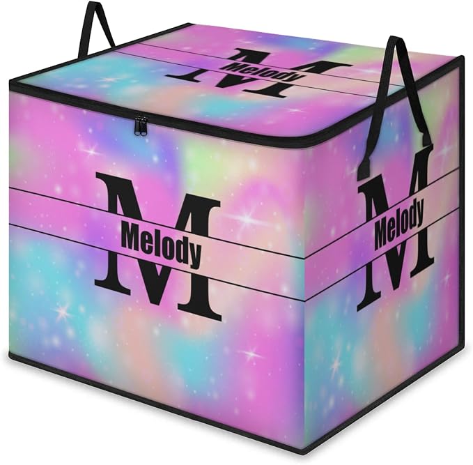 Personalized Large Storage Basket with Lid, Canvas Storage Bins Quilt Clothes Organizer for Bedroom, Kitchen, Bathroom, Nursery, Shelves, Closets, Watercolor Blue Pink Galaxy with Initial Letter