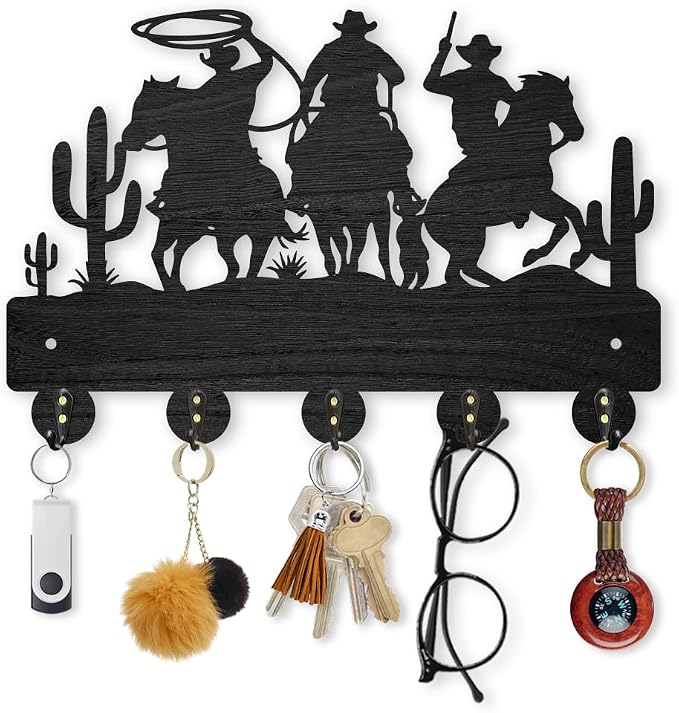MAYJOYDIY Cowboy Horse Cactus Coat Hooks Wall Mount 11.8×7.9inch Desert Decorative Hooks Rack Wall Art Decor Black Wooden Western Cowboy Key Holder for Wall 5 Alloy Hooks for Kitchen Entryway Gifts