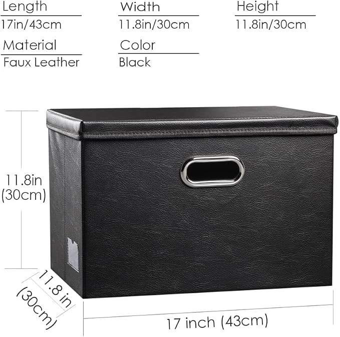 Large Collapsible Storage Bin with Lid [1-Pack] Leather Fabric Foldable Storage Box Organizer Containes Basket Cube with Cover for Home Bedroom Closet Office Nursery Black (17.7x11.8x11.8)