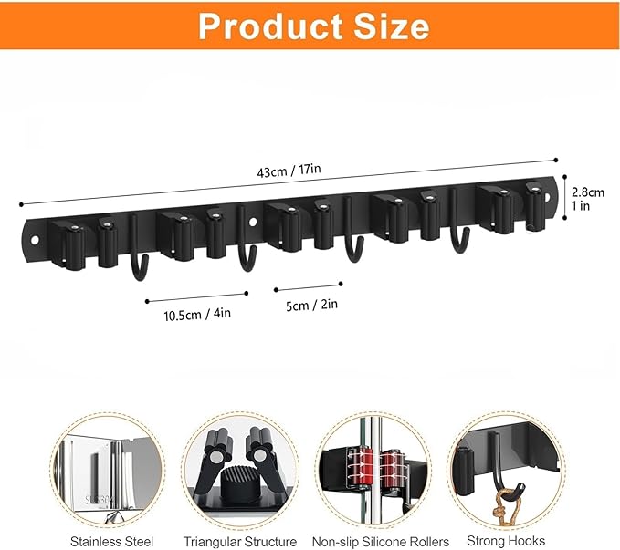 CUXIXA 2 Pack Mop and Broom Holder Wall Mount, Non-slip Broom Hanger Wall Mount, Heavy Duty Mop Broom Organizer for Kitchen Garden Garage Laundry Room Wall Decor Organization and Storage Black 5R4H