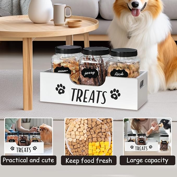 Dog Treat Container for Countertop, Pet Snack Storage Box Includes 3 Treat Jar & Wooden Pet Treat Container Pet Food Organizer For Puppy Airtight Dog Treat Storage With Lids