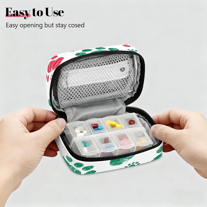 Weekly Pill Organizer Travel Size Bag with Removable 7 Day Pill Box Portable Vitamin Case Purse with Zipper,Christmas Pet Paws White